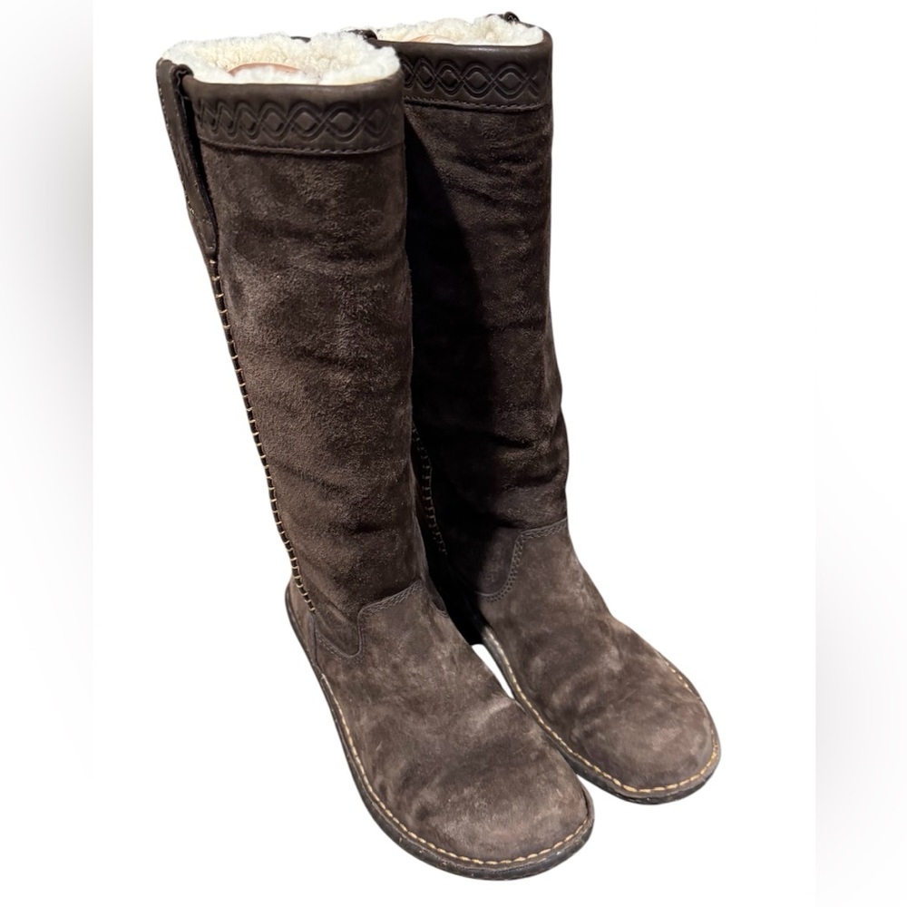 Ugg Swell Espresso Suede Leather 12" Sheepskin Boots 5676 Women Sz 7